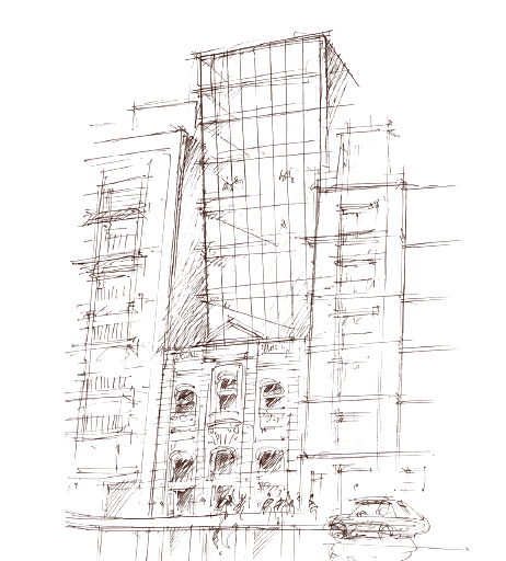 Croquis a mano alzada de Pride Maison Alvear: torre vidriada sobre una fachada clásica porteña