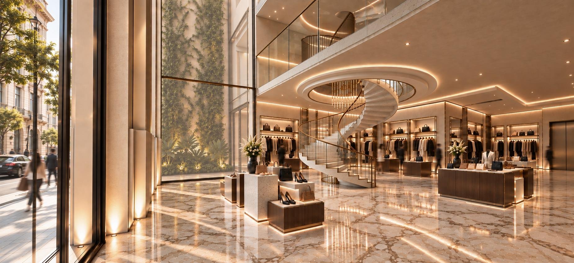 Boutique en planta baja con muro verde, escalera helicoidal de cristal y pisos de mármol