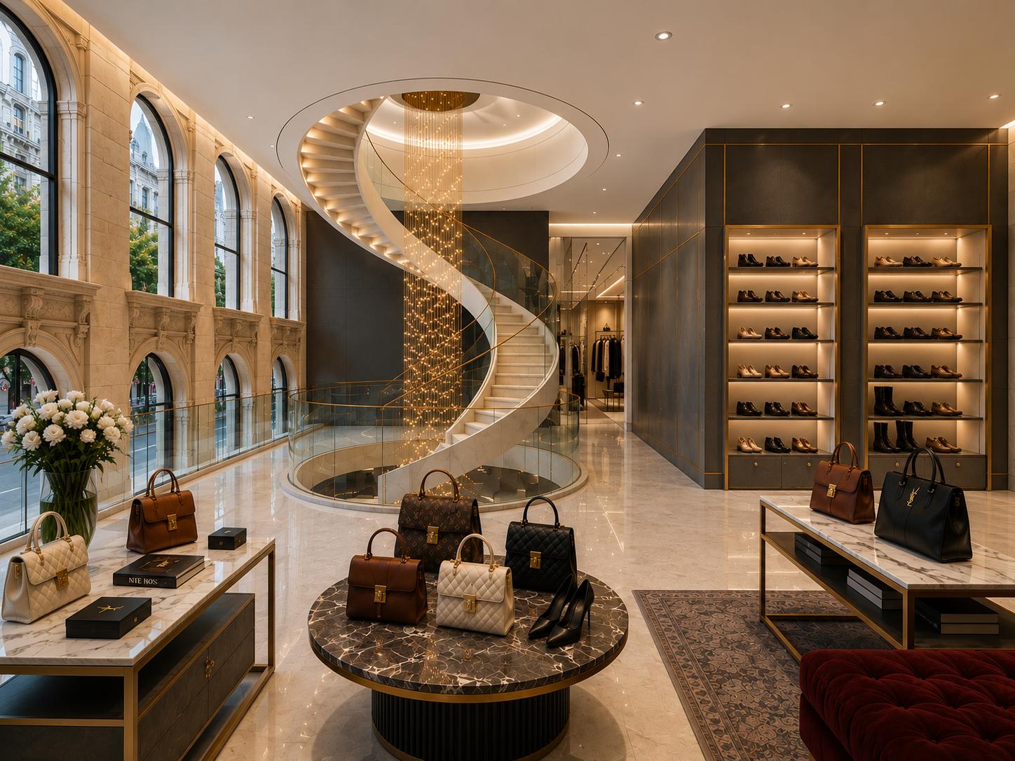 Interior de la boutique con doble altura y luz natural