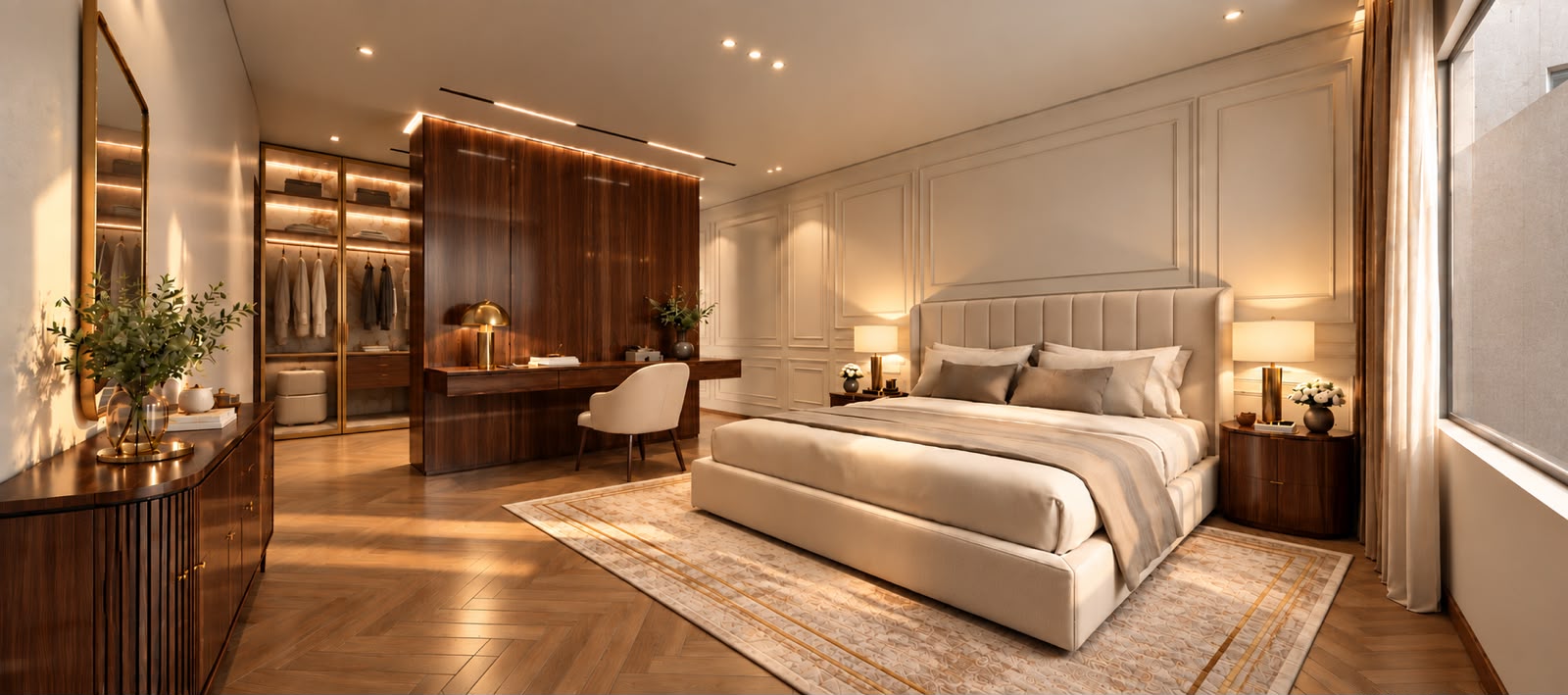 Suite principal con revestimiento de nogal, escritorio y vestidor iluminado