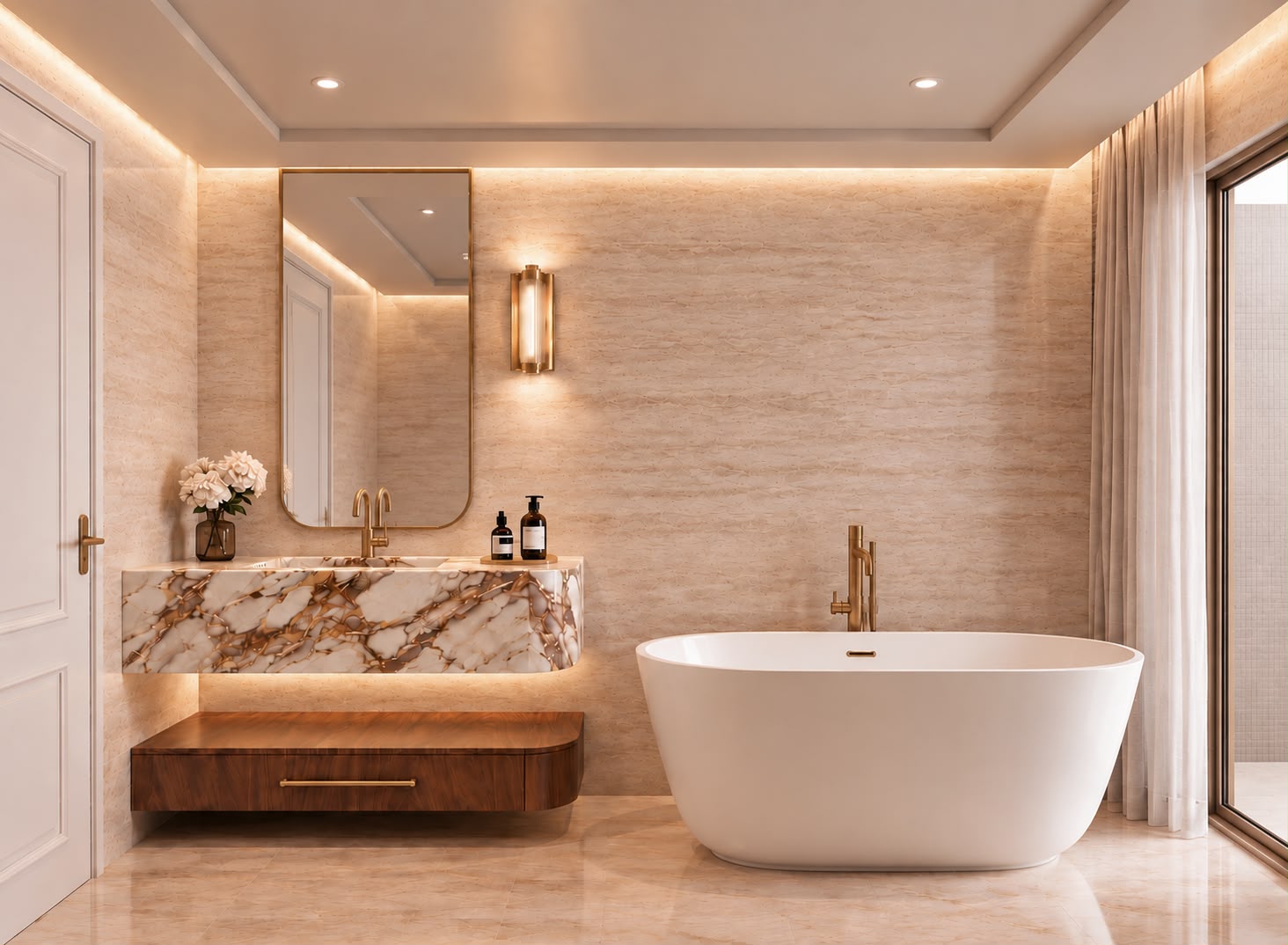 Baño con vanitory flotante de mármol, espejo de bronce y bañera exenta